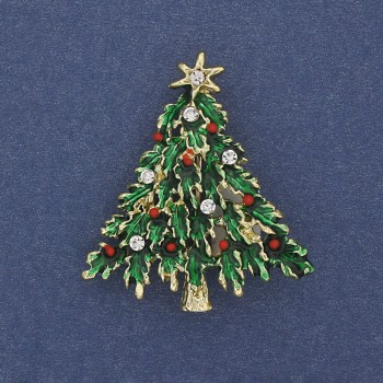 Brooch pendant Christmas Tree green enamel crystals gold metal 36x32mm +
