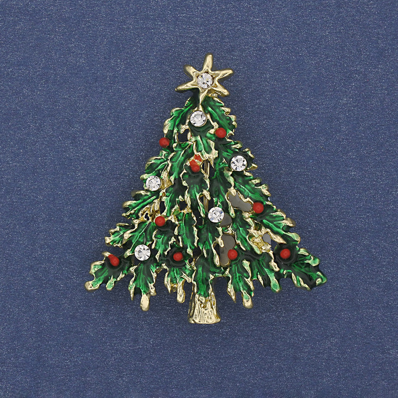Brooch pendant Christmas Tree green enamel crystals gold metal 36x32mm +
