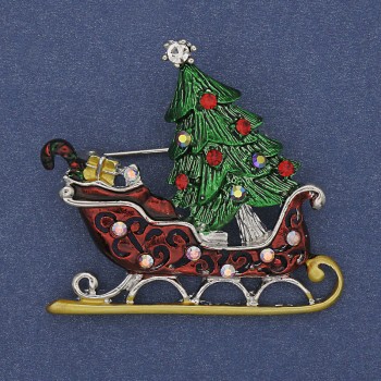 Brooch New Year Sleighs with color enamel, crystals, silver-tone metal 42×39 mm +