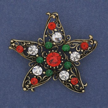 New Year's Christmas Star Brooch with Crystals, Gold-Tone Metal, 50mm+