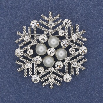 Holiday Snowflake Brooch with White Crystals and Pearls, Silver-Tone Metal, 40mm+