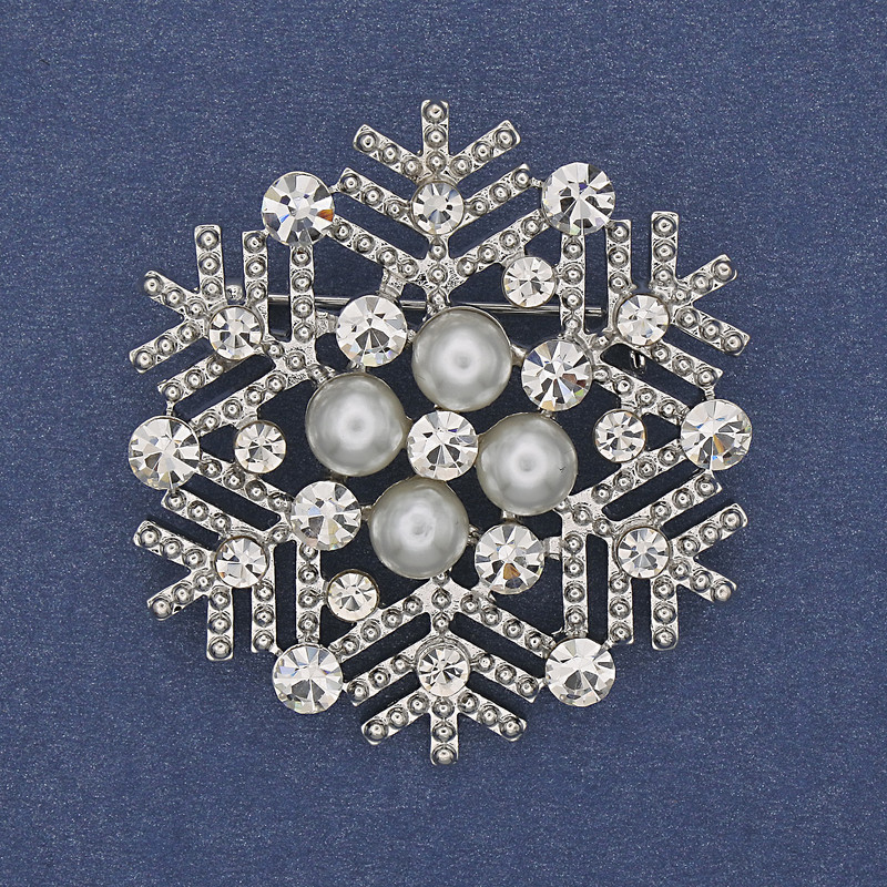 Holiday Snowflake Brooch with White Crystals and Pearls, Silver-Tone Metal, 40mm+