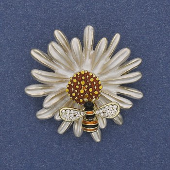 Brooch-pendant Flower white and yellow enamel crystals, gold-tone metal, diameter 38mm +