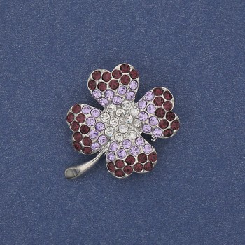 Shamrock brooch-pendant white and purple crystals silver-tone metal, diameter 28×24 mm +