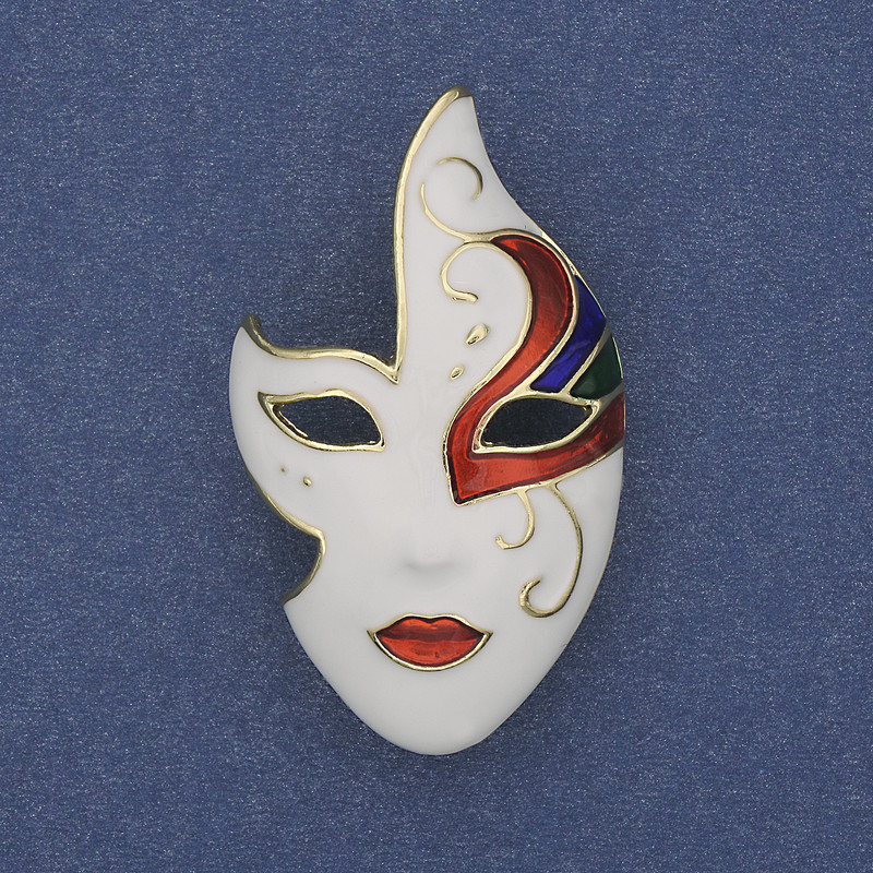 Mask Brooch with White, Black, and Red Enamel on Golden Metal, 40x23 mm+