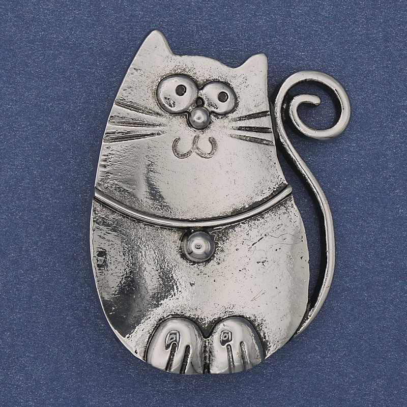 Cat Brooch-Pendant, Silver Metal, 45x33 mm+