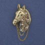 Horse Brooch with Crystals, Pearls, Chain, Golden Metal 46x29mm+