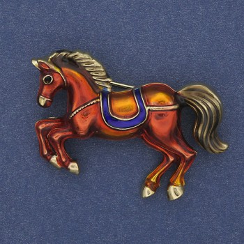 Horse Brooch-Pendant Red Enamel Gold-Tone Metal 46x28mm+