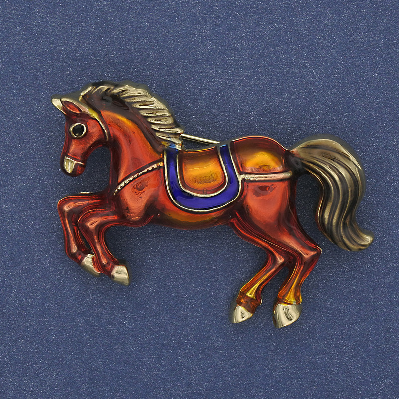 Horse Brooch-Pendant Red Enamel Gold-Tone Metal 46x28mm+