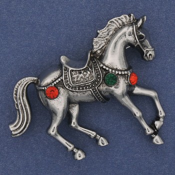 Horse Brooch with Crystals, Dark Silver Color, 48x40mm+