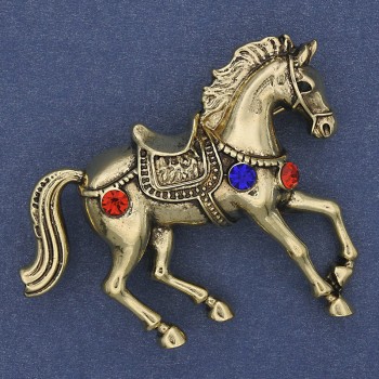 Brooch 'Horse' with Rhinestones, Gold-Tone Metal 48x40mm+