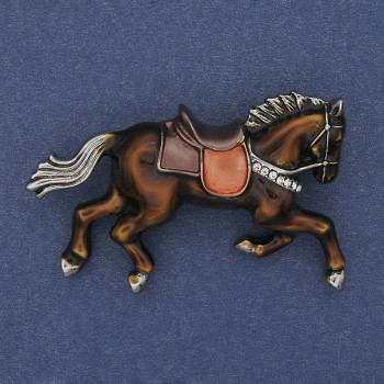 Brooch 'Horse' brown enamel white crystals golden metal 50x32mm+