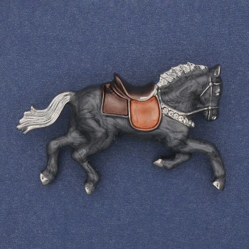 Brooch Horse Gray Enamel with White Crystals Golden Metal 50x32mm+
