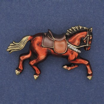 Brooch Horse red enamel white crystals golden metal 50x32mm+
