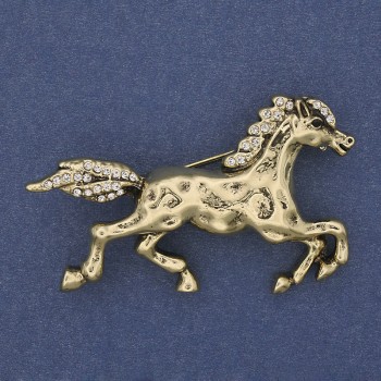 Horse Brooch with White Crystals, Gold-Tone Metal 50x32mm+