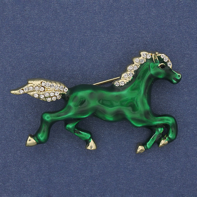 Brooch Horse green enamel white crystals golden metal 50x32mm+