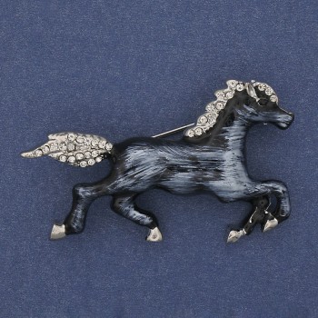 Horse Brooch with Colorful Enamel, White Crystals, Silver-Tone Metal 50x32mm+