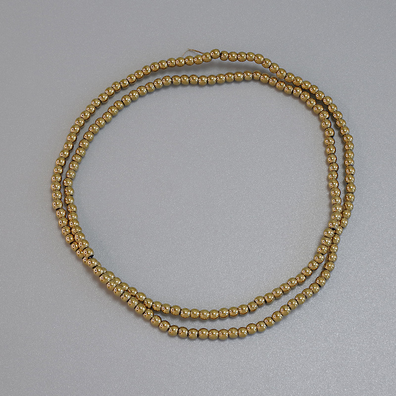 Hematite beads, gold color, smooth round 2 mm on thread, length 38 cm+