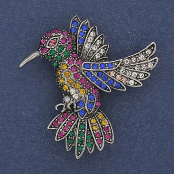 Brooch Hummingbird with Multicolored Rhinestones, Silver-Toned Metal 45x42mm+