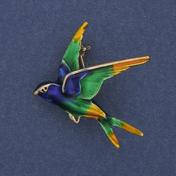 Swallow Brooch-Pendant with Colored Enamel and Gold-Tone Metal 35x29mm+