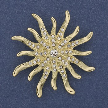Sun Brooch with White Rhinestones, Gold-Tone Metal 54mm+