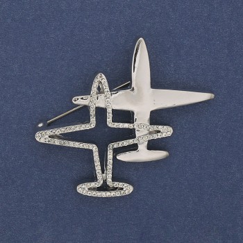 Airplane Brooch Pendant with White Crystals, Silver-Colored Metal 43x50mm+