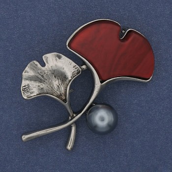 Brooch Twig - Red Color, Pearl, Silver Metal, 48x38mm+