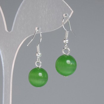 Earrings Green Cat's Eye Smooth Ball, 12 mm diameter +/-, 30 mm length +/-, silver-tone metal