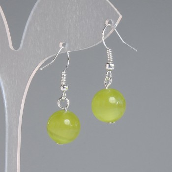 Olive Cat's Eye Earrings, Smooth Ball, Diameter 11.5 mm, Length 30 mm, Silver-Toned Metal
