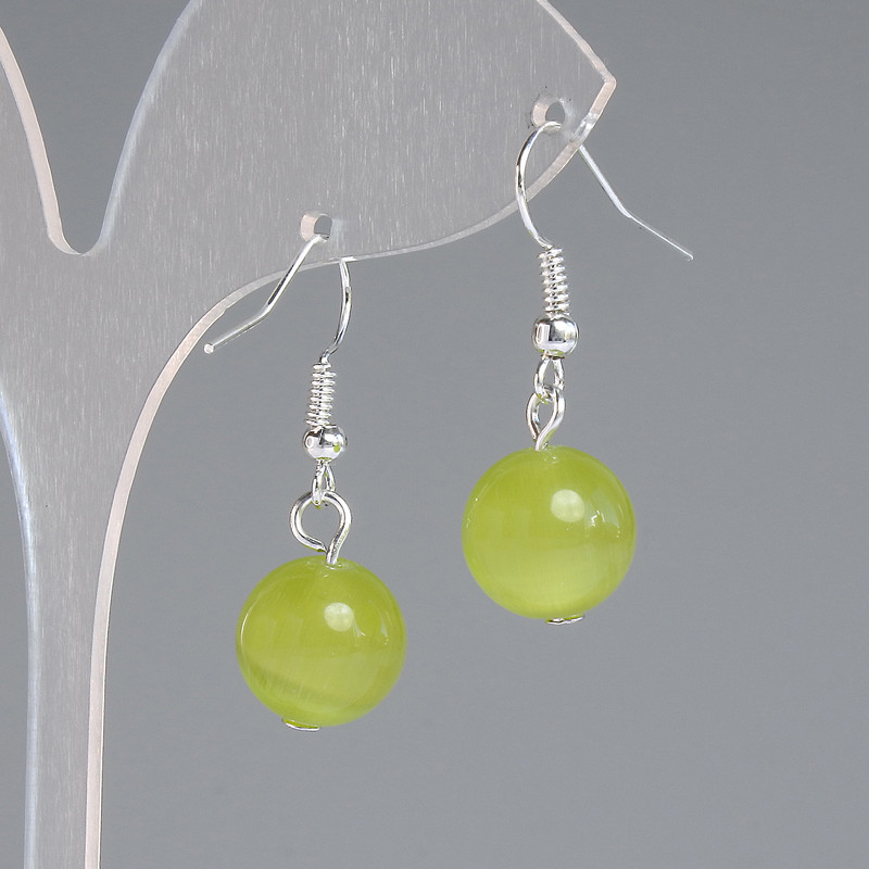 Olive Cat's Eye Earrings, Smooth Ball, Diameter 11.5 mm, Length 30 mm, Silver-Toned Metal