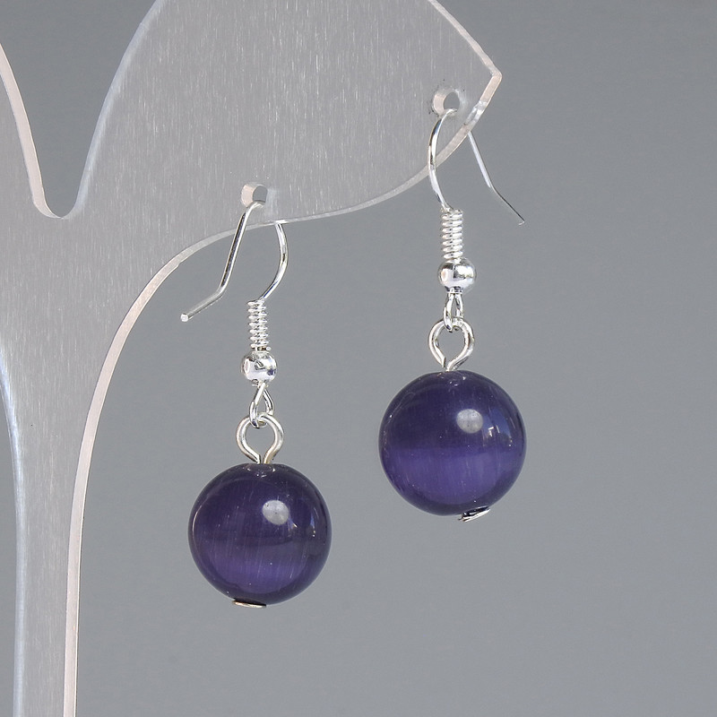 Earrings Purple Cat's Eye Smooth Ball, diameter 11.5 mm, length 30 mm, silver-toned metal