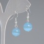 Blue Cat's Eye Earrings, smooth ball, diameter 11.5 mm, length 30 mm, silver metal