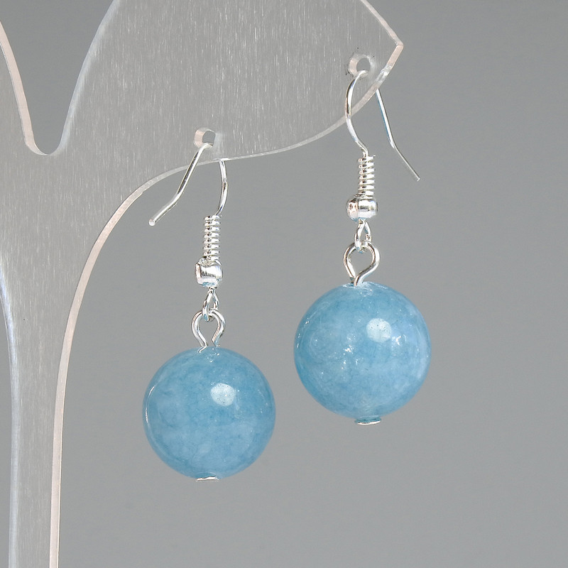 Aquamarine Earrings with Natural Stone, Smooth Ball, 14mm Diameter ±, 32mm Length ±, Silver-Toned Metal