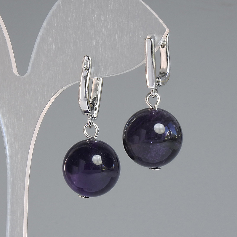 Amethyst Earrings with Smooth Bead, Natural Stone, 14 mm Diameter ±, 32 mm Length ±, Silver Metal