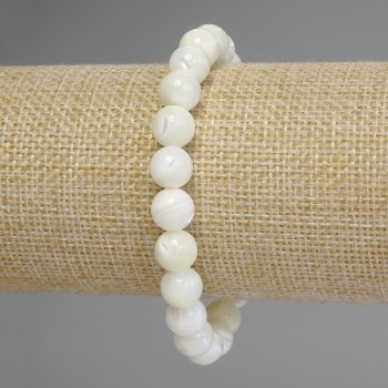 Elastic bracelet with smooth mother-of-pearl beads, 9 mm diameter, 18 cm length