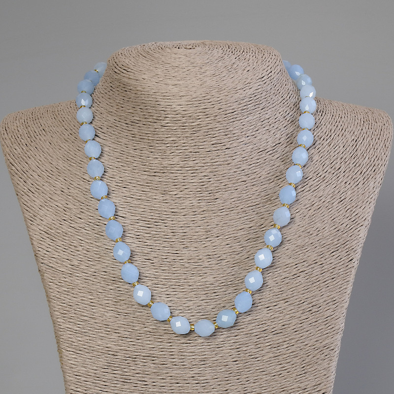 Aquamarine Necklace with Faceted Beads, 10×8 mm diameter, 5 mm +/- beads, seed beads 3 mm +/-, length 50 cm +/- with clasp