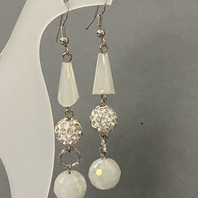 Earrings "Evening" white "Soft Lights" white matte with gasoline spray finish Czech crystal, length 7 cm