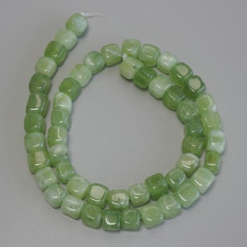 Chrysolite Olivine Cubic Beads, 7x7 mm diameter, 41 cm length on a beading thread