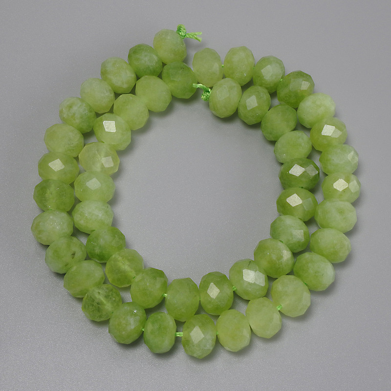 Chrysolite Olivine Beads, Faceted Rondelle, diameter 10x7 mm, 5 mm +/-, length 37 cm +/- on thread