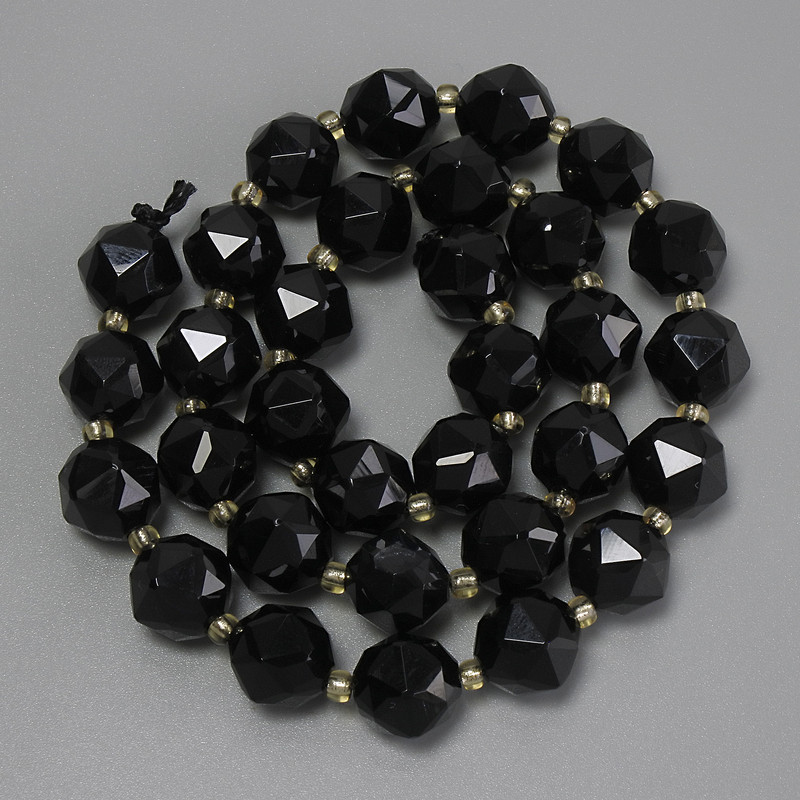 Faceted black tourmaline beads, diameter approx. 9.5×9 mm ±, seed beads 3 mm ±, length 38 cm ± on thread