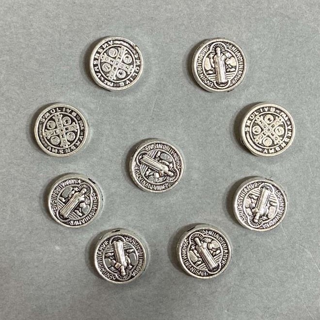 Bead insert with Saint Benedict, silver metal color, 9 mm diameter, hole diameter 1.8 mm, packaging 20 g (~20 pcs)