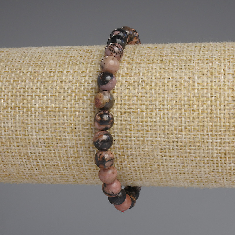 Rhodonite bracelet with a smooth bead, 6 mm diameter, 18 mm length, stretch