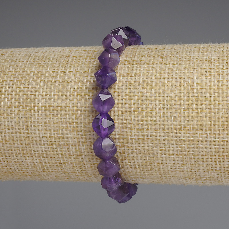 Faceted Amethyst Bracelet, 8×7 mm Beads, 18 mm Length, Elastic