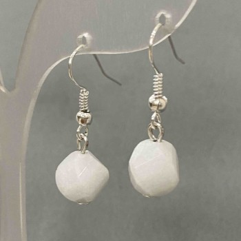 Earrings with White Quartz, Faceted Diamond Shape, 10x9 mm diameter, 31 mm length