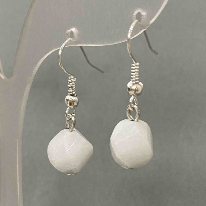 Earrings with White Quartz, Faceted Diamond Shape, 10x9 mm diameter, 31 mm length