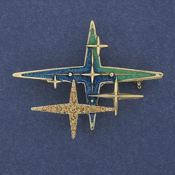 Brooch Accent Star with yellow rhinestones, blue enamel, golden metal 35x46 mm+
