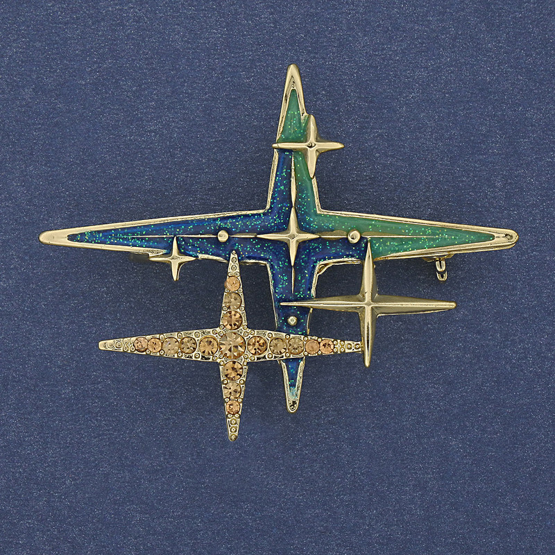 Brooch Accent Star with yellow rhinestones, blue enamel, golden metal 35x46 mm+