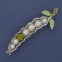 Brooch Bean Pod with Green Rhinestones and Pearls, Silver-Tone Metal 19x62mm+