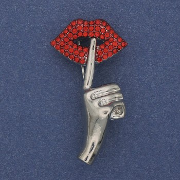 Accent Brooch with Red Rhinestones, Silver-Toned Metal, 45x24mm+