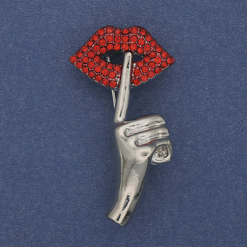 Accent Brooch with Red Rhinestones, Silver-Toned Metal, 45x24mm+